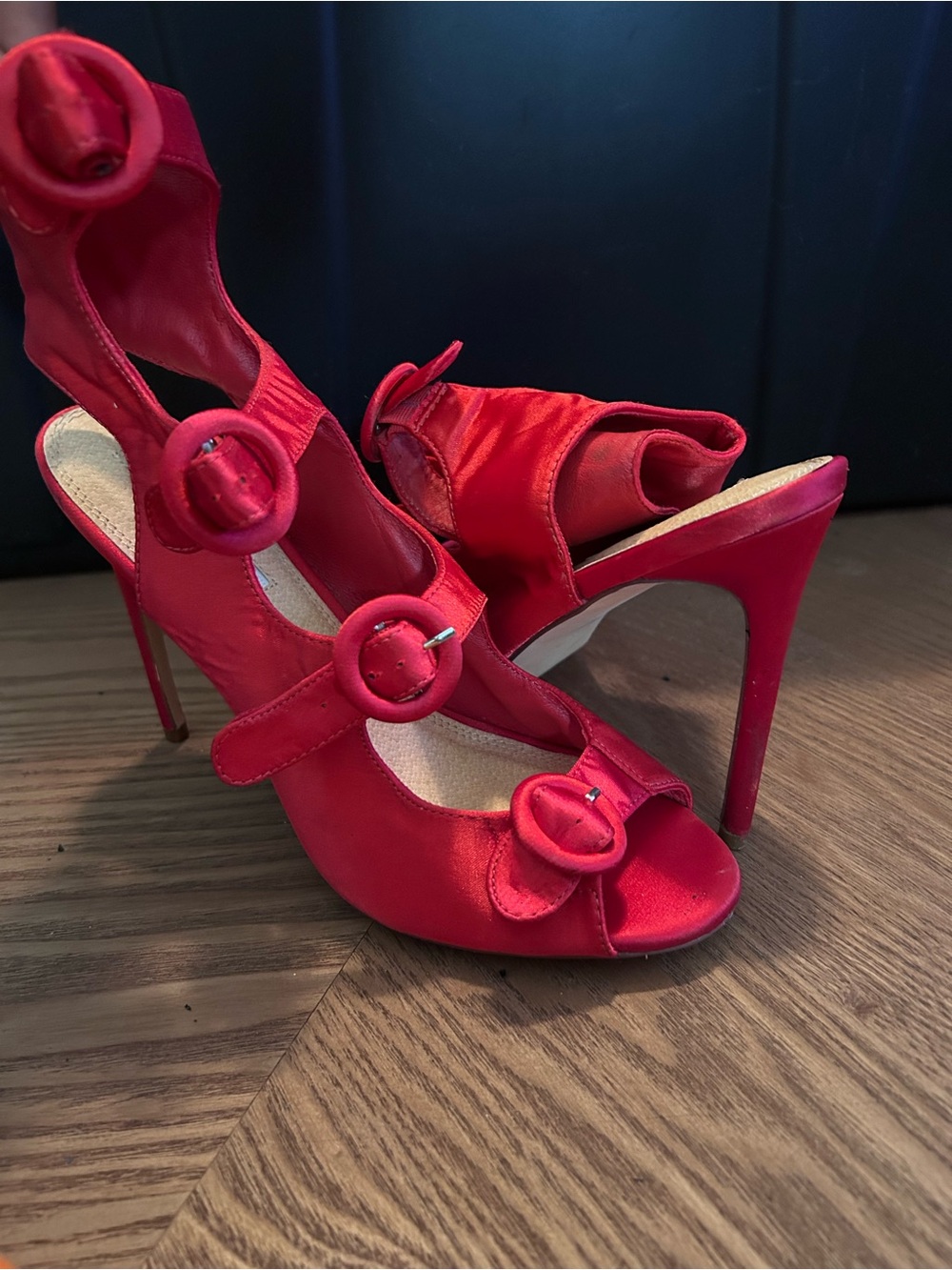 Red Satin High Heel Open-Toe Sandals